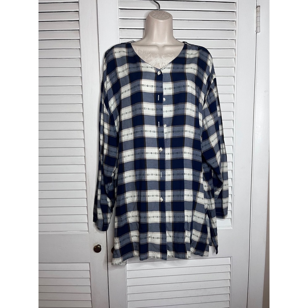 Vtg 90s Carolina Colours Plus 22W Navy Blue Plaid Rayon V-Neck  Tunic